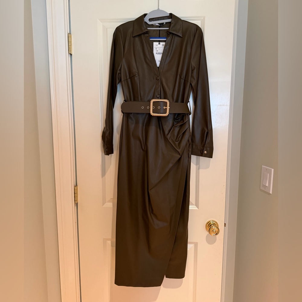 Zara Faux-Leather Long Sleeve Shirt Dress with Buckle Belt
